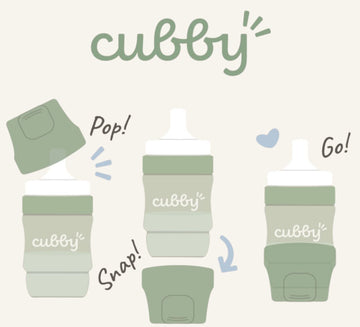 Illustrated product graphic showing a reusable baby bottle with a green and white cubby sleeve, demonstrating three states: popped open, snapped closed, and fully closed. The brand name 'cubby' is written at the top and on the sleeve.