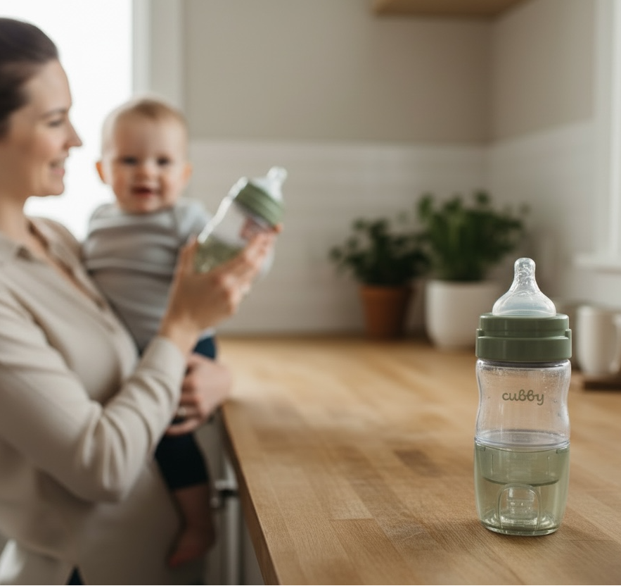 Woman holding a baby and a Cubby bottle in a kitchen setting1621243260e1af0c20-0